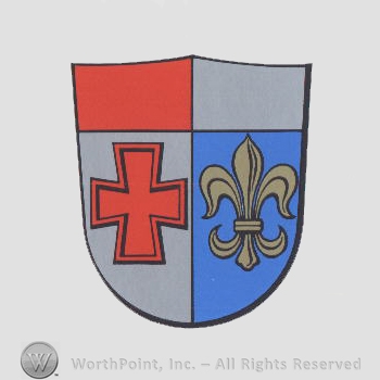 Heraldry: shield, maltese cross, fleur-de-lis.