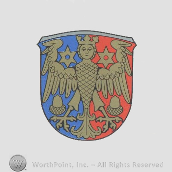 Heraldry: shield, eagle, stars, acorns.
