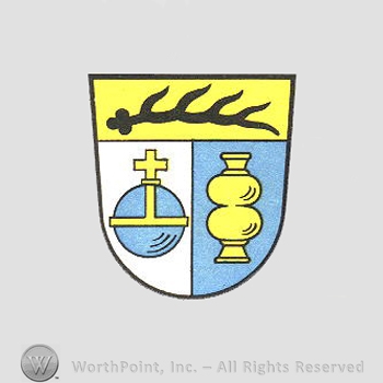 Heraldry: shield, horns, globe with cross, double beaker.