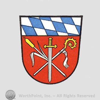 Heraldry: shield, white and blue pattern, sword, monastery stick, plant.