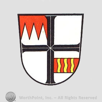 Heraldry: cross, white dents, waving yellow lines inside recta ngle, shield.