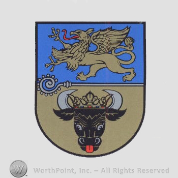 Heraldry: shield, moanastery stick, bull head, griffin.