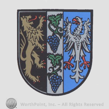 Heraldry: shield, lion, eagle, grapes.