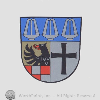 Heraldry: shiled, eagle, cross, chequered field, three resorts.