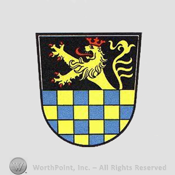 Heraldry: shield, lion rampant, chequered field in yellow and blue.