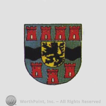 Heraldry: shield, lion rampant inside shield, castle towers, waving line.