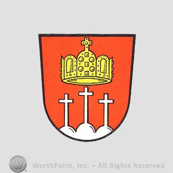 Heraldry: shield, imperial crown, church with crosses.