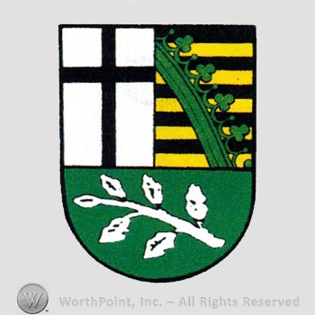 Heraldry: shiled, cross, brunch with leaves, ring and crown shape, black and yellow lines.