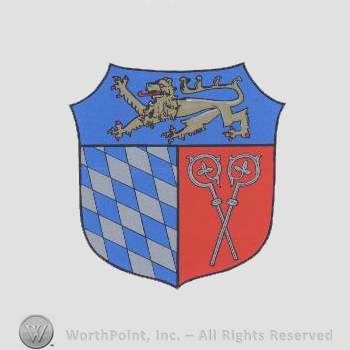 Heraldry: lion, monastery sticks, chequered field.