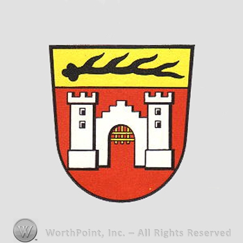 Heraldry: shield, horns, castle gate.