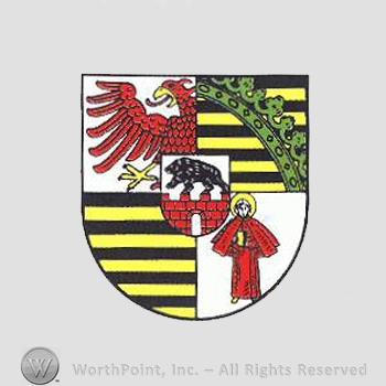 Heraldry: eagle, bear, saint, yellow and black lines, eagle, ring and crown bar.