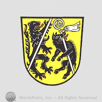 Heraldry: shield, lion, swine and monastery sticks.