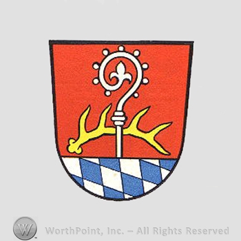 Heraldry: shield, monastery stick, horns, diamond pattern.