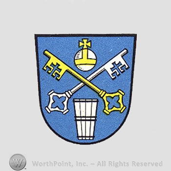 Heraldry: shield, keys, bucket, globe with cross.