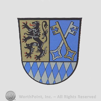 Heraldry: lion, keys, diamond pattern, shield.