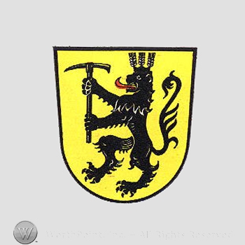Heraldry: shield, lion with axe.