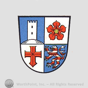 Heraldry: shield, cross, lion rampant, castle tower, cinquefoil.
