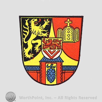 Heraldry: lion, grapes, lion inside shield, cross.