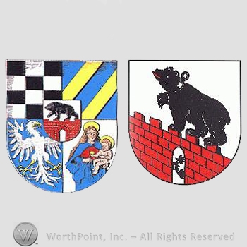 Heraldry: two shields, bears, holy mother and holy child, eagle, yellow bars, white and black pattern, castle walls.