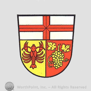 Heraldry: cross, shield, lobster, grapes.