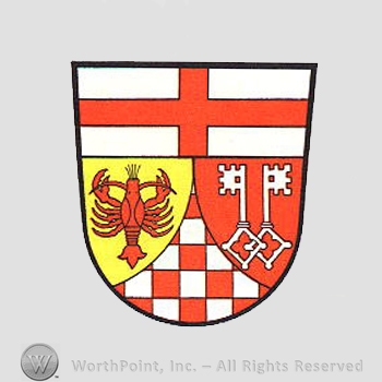 Heraldry: cross, lobster, keys, shield, red and white pattern.