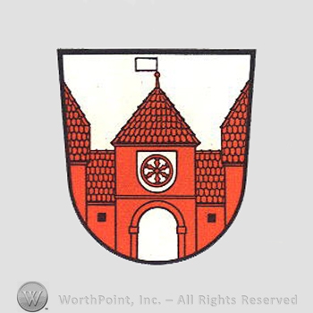 Heraldry: castle gate and a flag, shield.