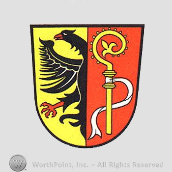 Heraldry: shield, eagle, monastery stick.