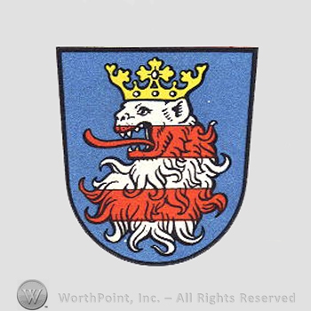 Heraldry: shield, crown, griffin, red bars.