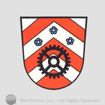 Heraldry: shield, cog wheel, red bars, cinquefoils.