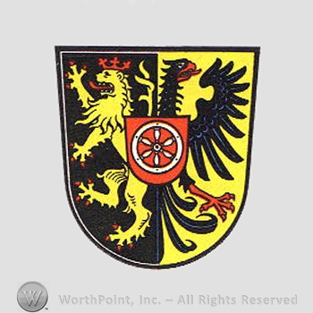Heraldry: shield, lion rampant, eagle, wheel inside a shield.