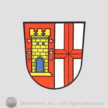 Heraldry: shield, cross, castle tower.