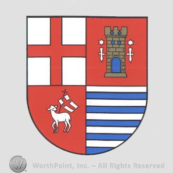 Heraldry: shield, castle tower, lamb with flag, white and blue lines, cross.