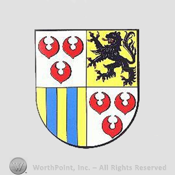 Heraldry: shield, crescent, lion rampant, yellow and blue lines.