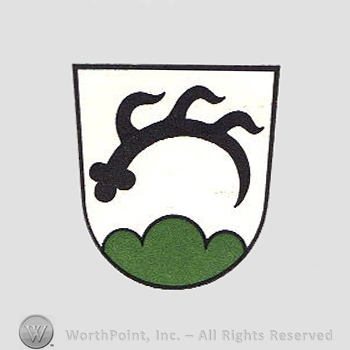 Heraldry: shield, hills, antler.