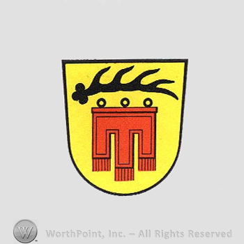 Heraldry: shield, antler, banner.