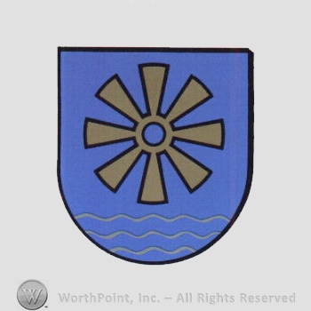 Heraldry: shield, water, wheel.