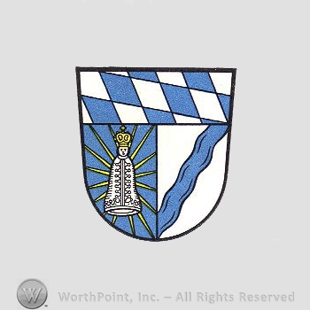 Heraldry: shield, chequered field, star, small priest, waving line.