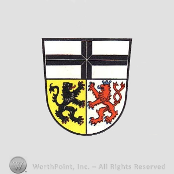Heraldry: shield, cross, lions.