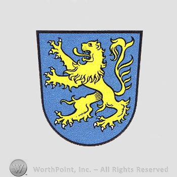 Heraldry: shield and a lion rampant.