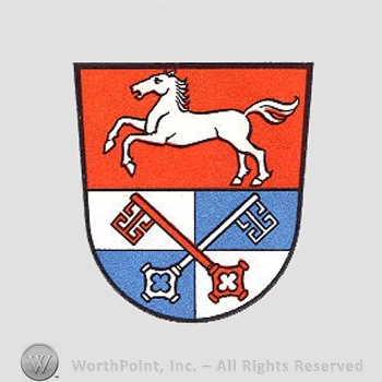 Heraldry: horse, keys, shield, white and blue pattern.