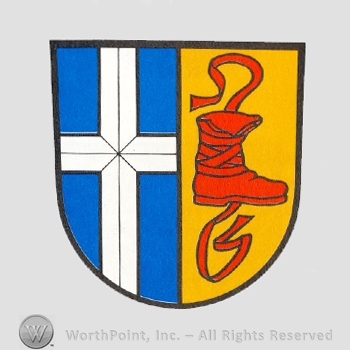 Heraldry: shield, cross, shoe.