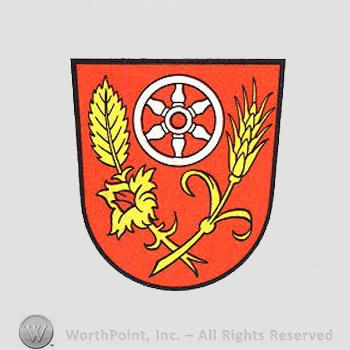Heraldry: shield, wheel, leaf, wheat spice, flower.