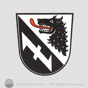 Heraldry: shield, wolf, hook.