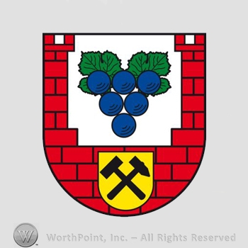 Heraldry: shield, brics, grapes, hammers crossed.