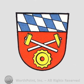 Heraldry: chequered field, shield, hammers crossed, cog wheel.