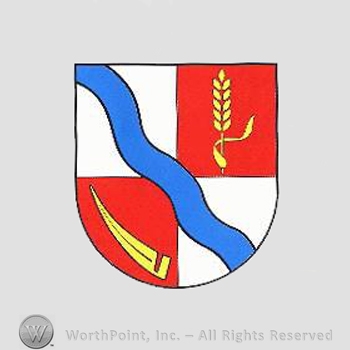 Heraldry: shield, wheat spice, scythe, waving line.