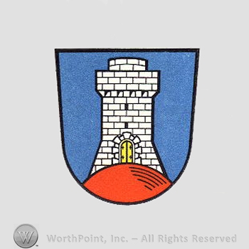 Heraldry: shield, hill, tower.