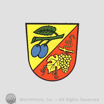 Heraldry: shield, prunes, grapes.