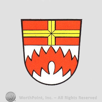 Heraldry: shield, cross, dents.