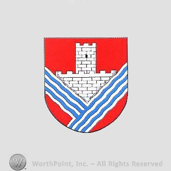 Heraldry: shield, castle, waving lines.